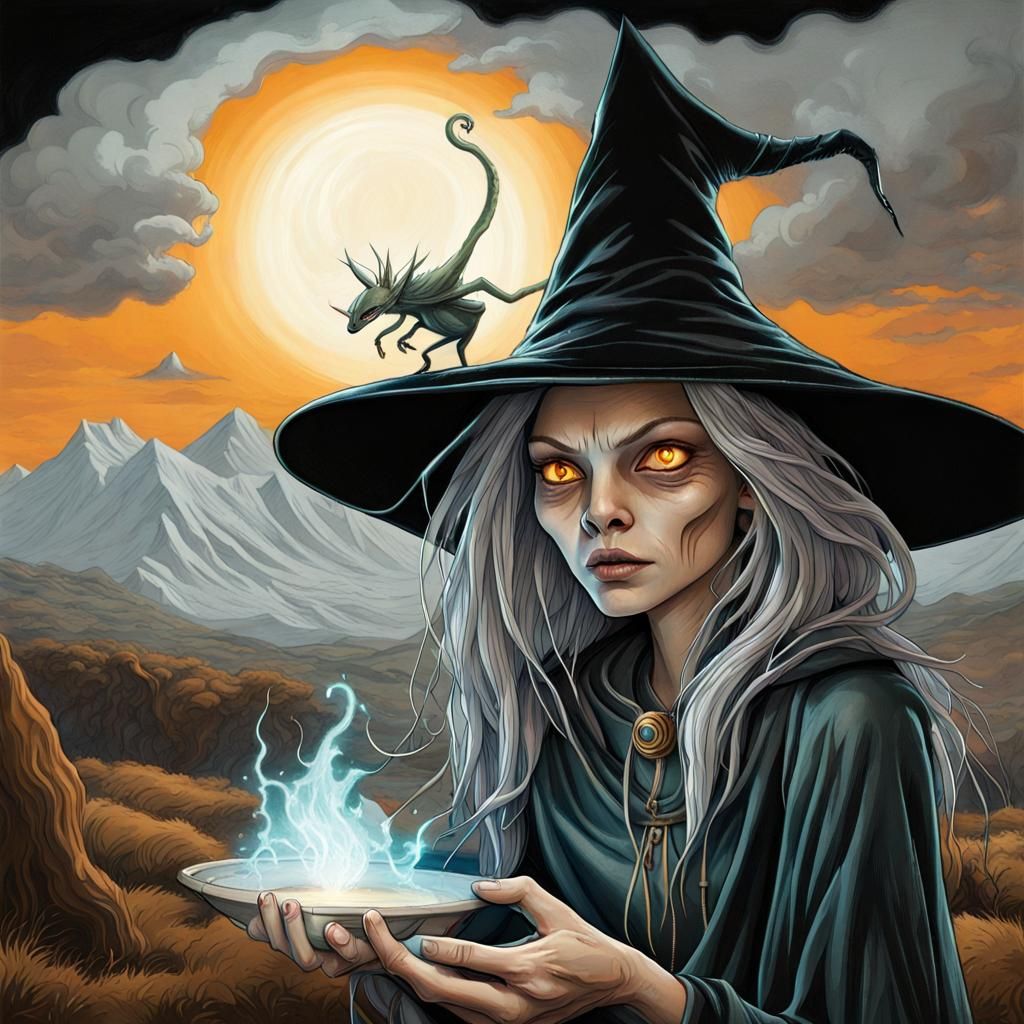 Alien Witch Casting Spell: Storybook Illustration