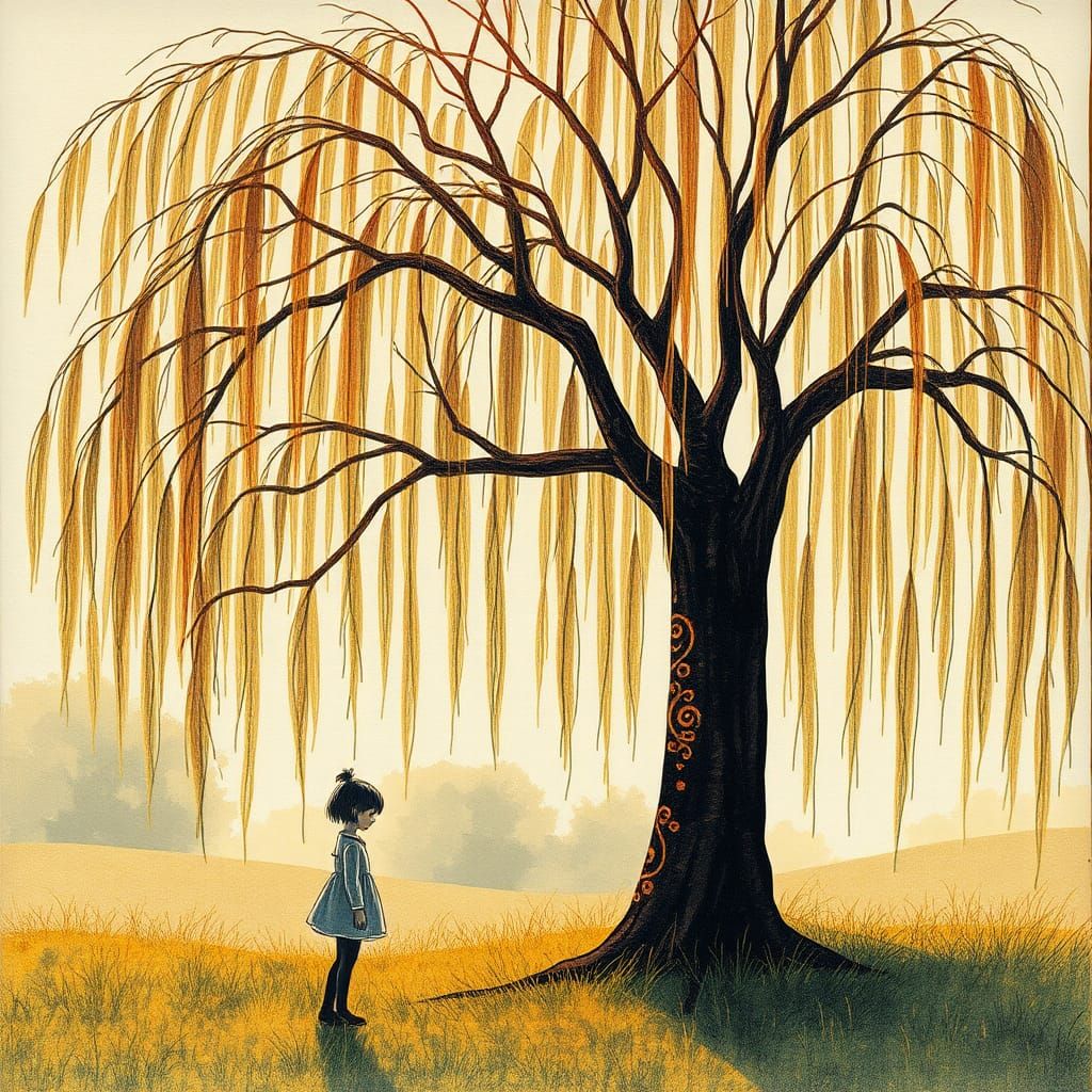 Weeping Willow Silhouette in Mixed Media Collage Art