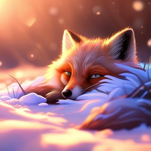 Fluffy Blue Fox Cub Sleeping in Snowstorm