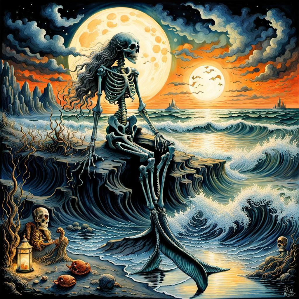 Ethereal Mermaid Skeleton in Herringbone Moonlight