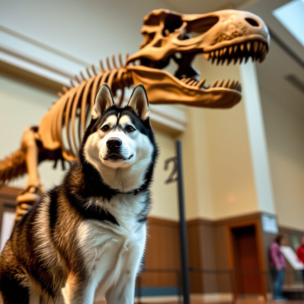 A Siberian husky standing next to a Tyrannosaurus skeleton i...