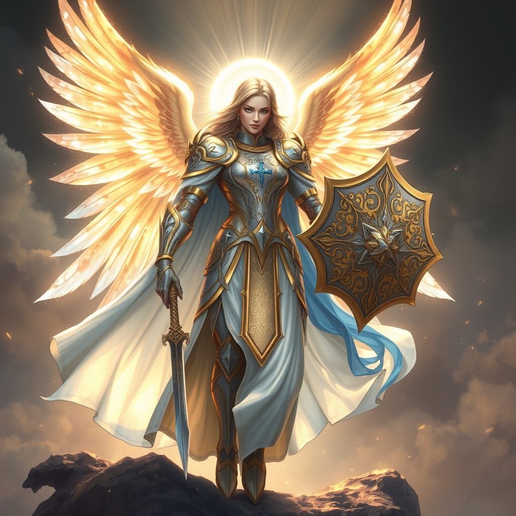 Divine Warrior Descends with Radiant Brilliance and Six Wing...