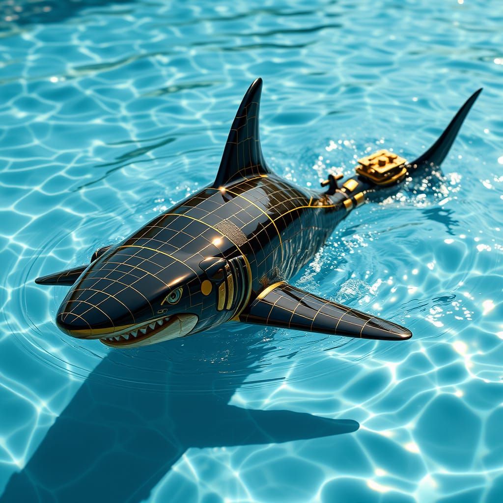 Black and Gold Tile Shark in Luxurious Pool