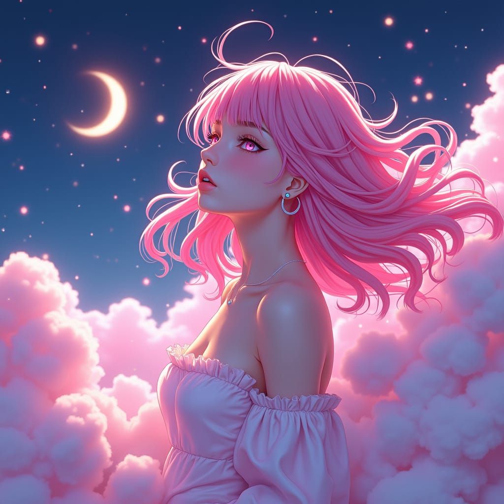 Pink-Haired Celestial Woman in Anime Style
