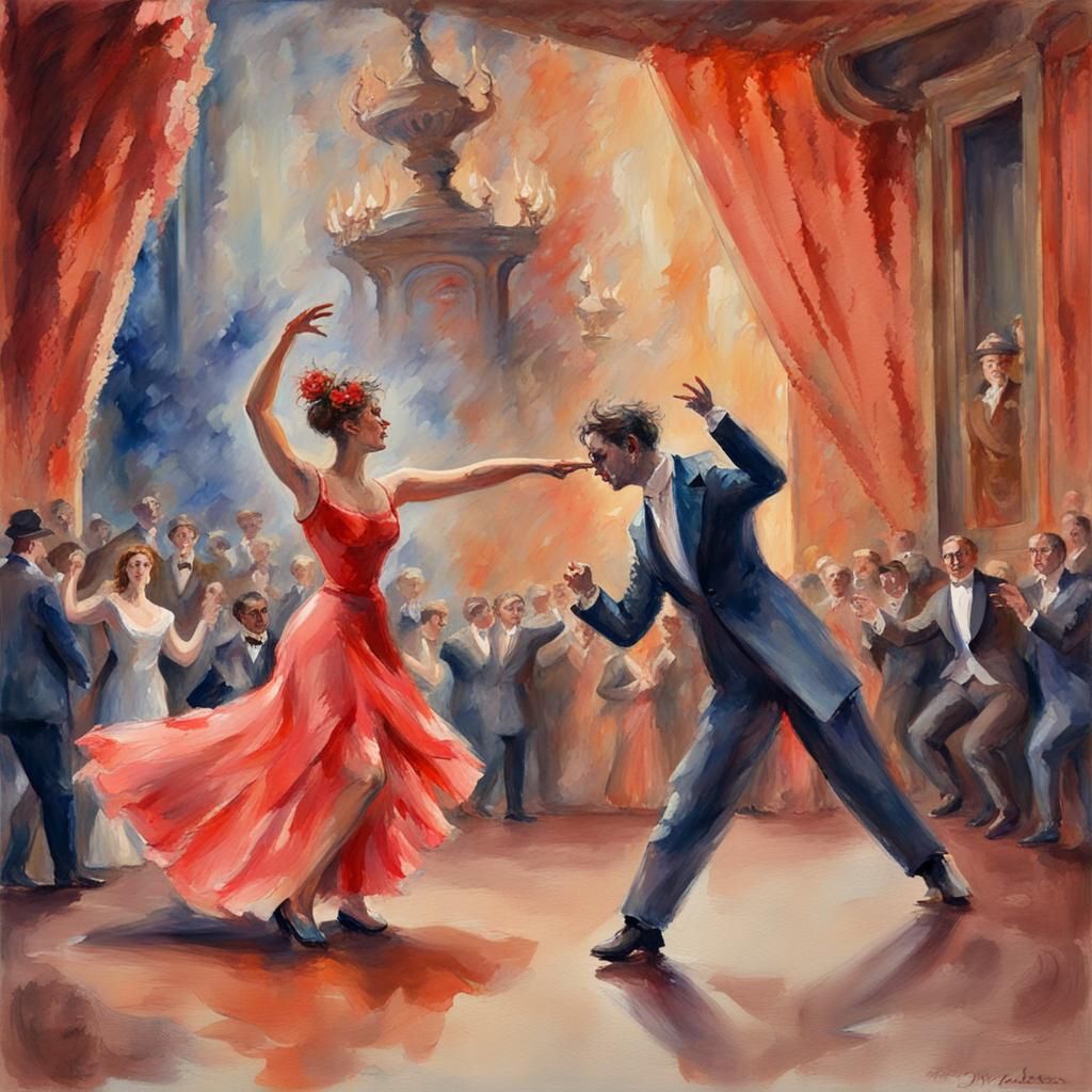 Opera Stage Dance: Gouache Watercolor Masterpiece
