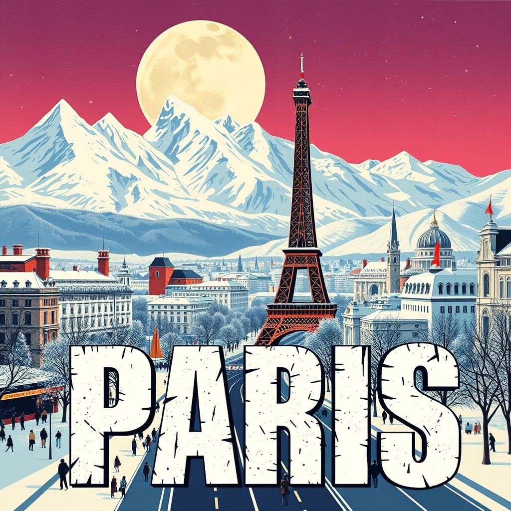 Cyberpunk Winter Wonderland of Paris in Constructivist Style