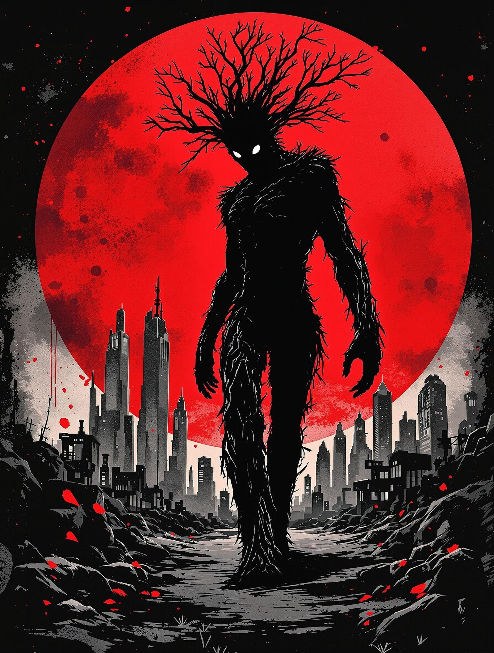 Gritty Tree Figure in Doom-Inspired Alien Landscape