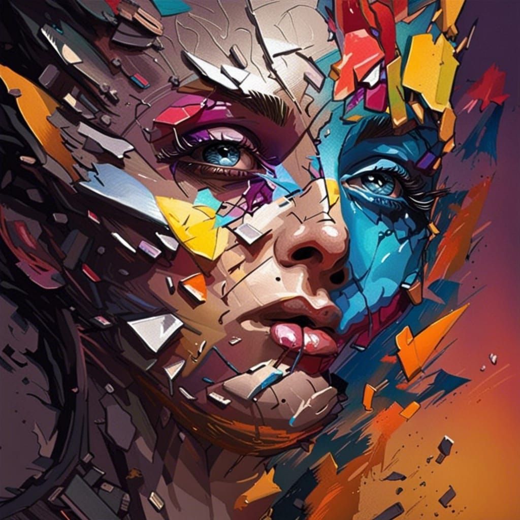 Shattered Visage in Hyperrealistic Splash Art