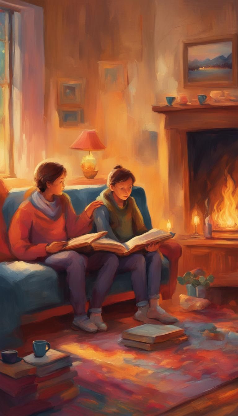 Impressionist Family Scene in Cozy Living Room