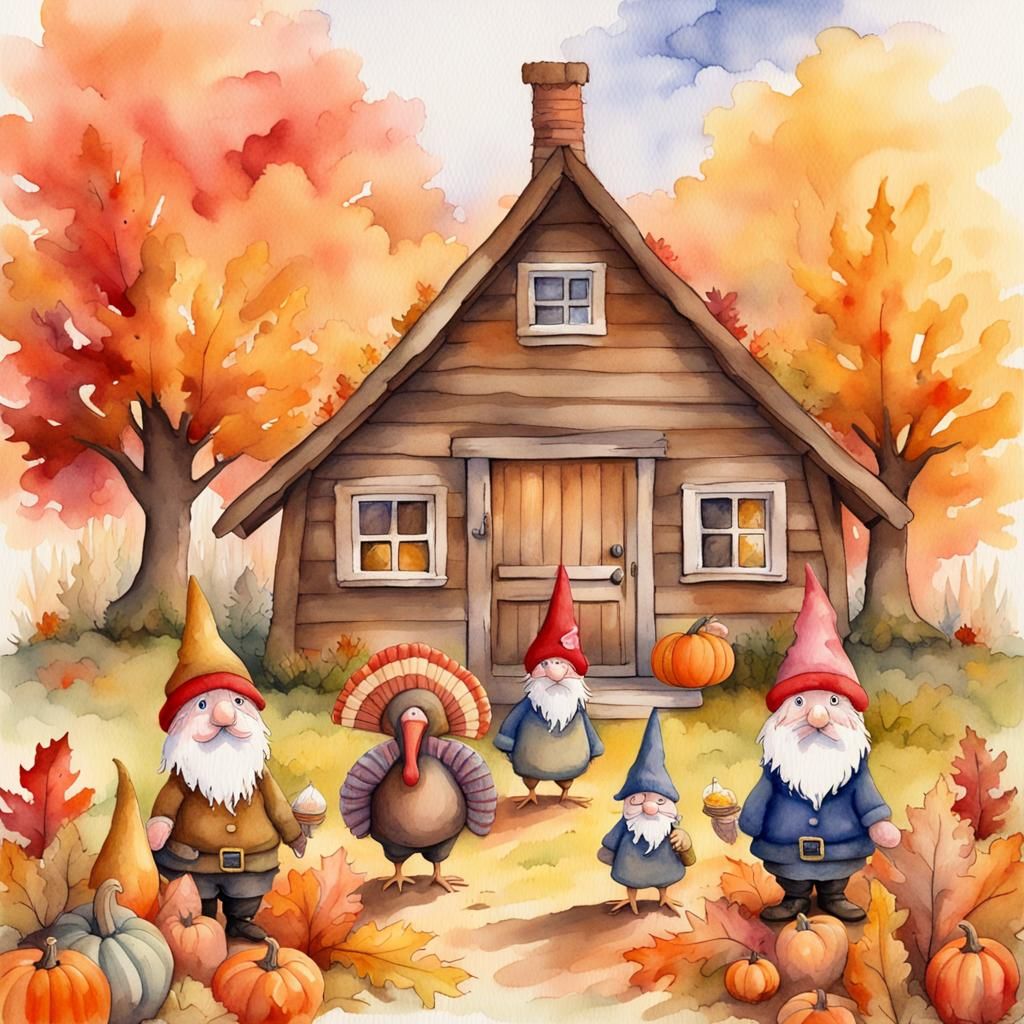 Gnomes Holding Thanksgiving Turkey Watercolor Painting