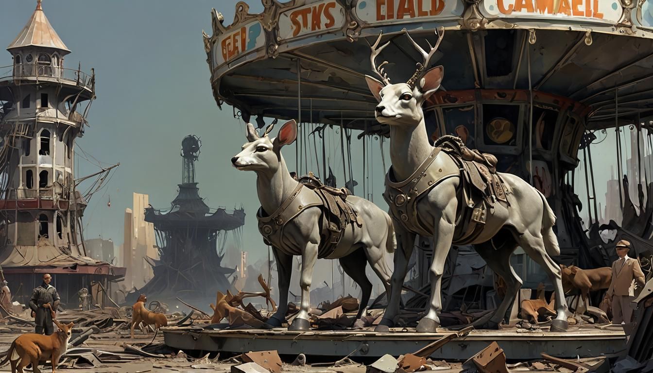 Feline Warrior in Ruined Amusement Park, Dystopian Art