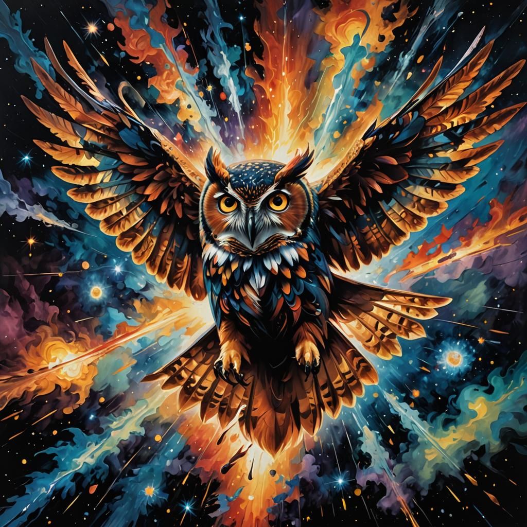Galactic Flying Owl Explosion: Impasto Painting