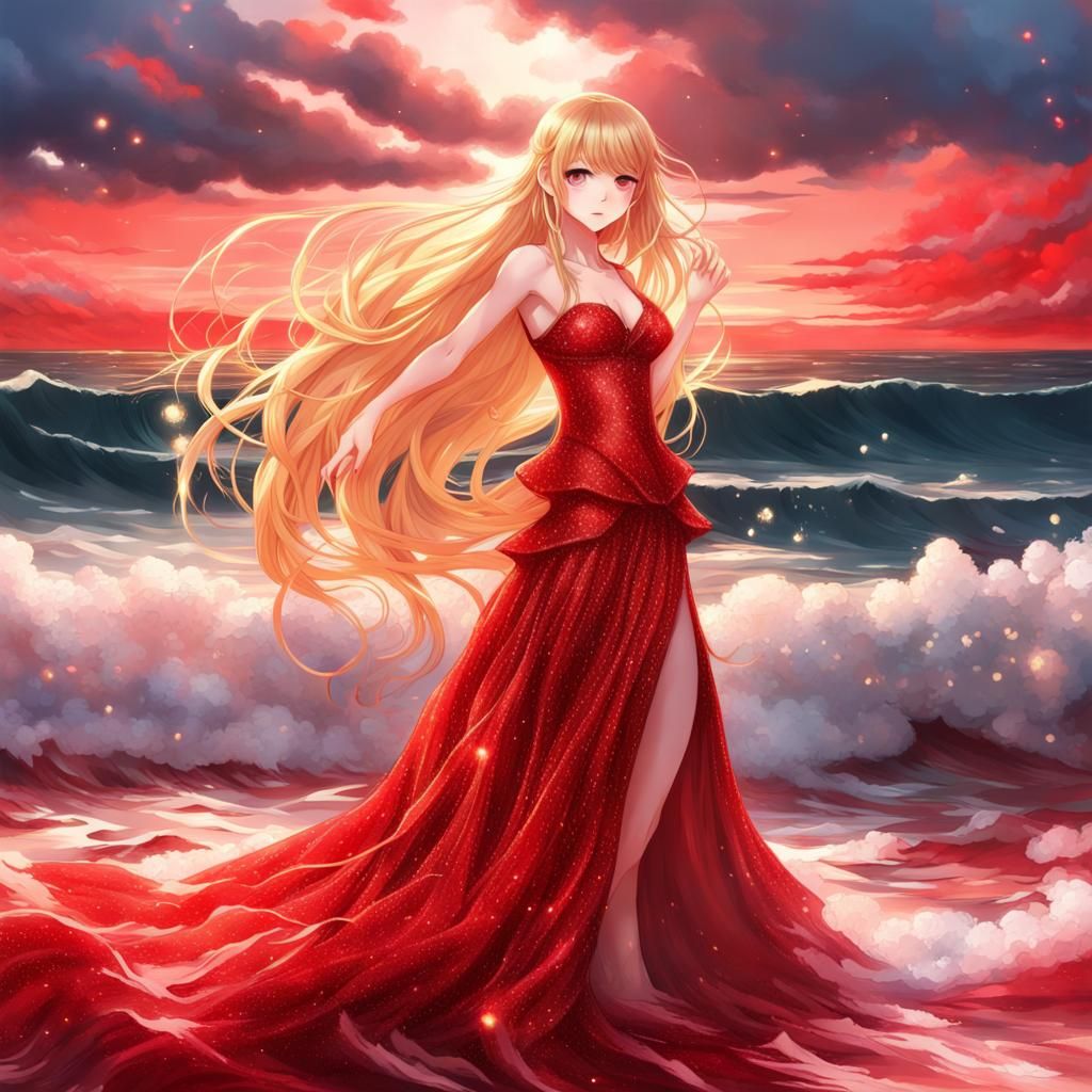 Hyperrealistic Anime Girl in Red Dress by Red Ocean
