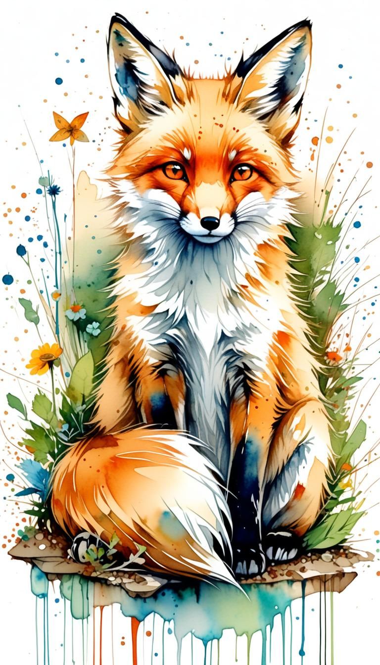 Watercolor Fox in Wildlife Setting: Fantasy Art