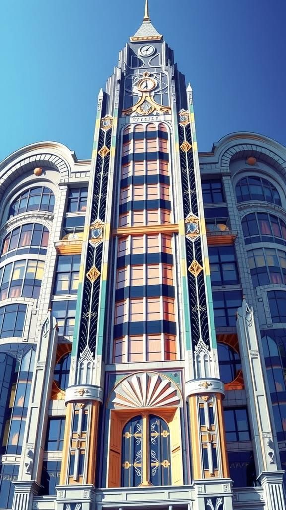 Art Deco Skyscraper with Geometric Patterns and Metallic Acc...