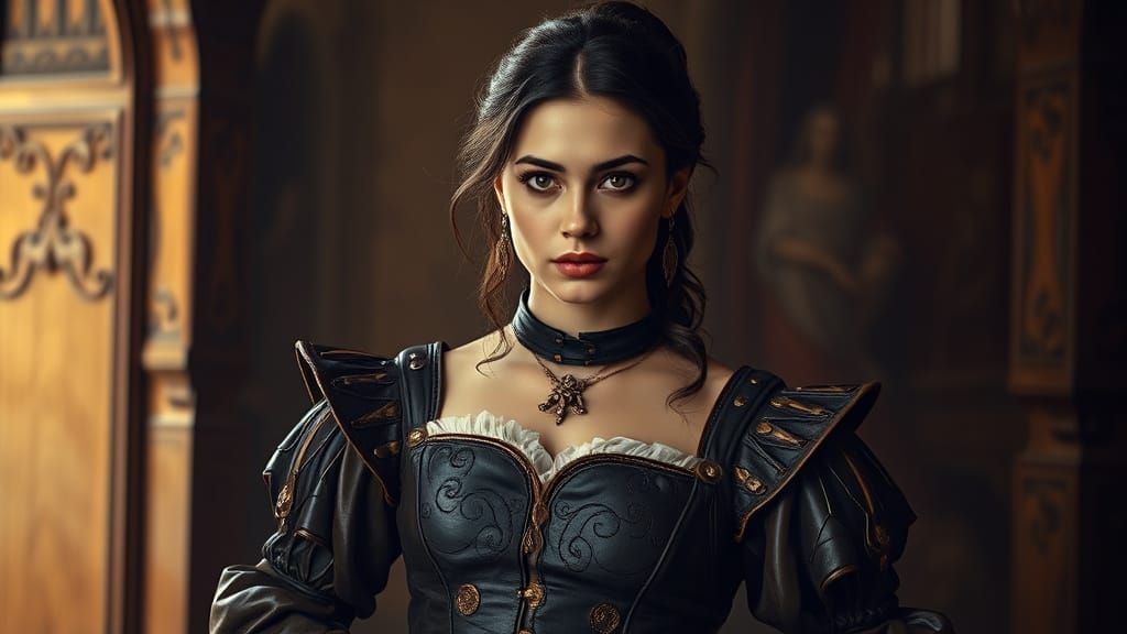 Renaissance Woman in Leather and Gold Attire