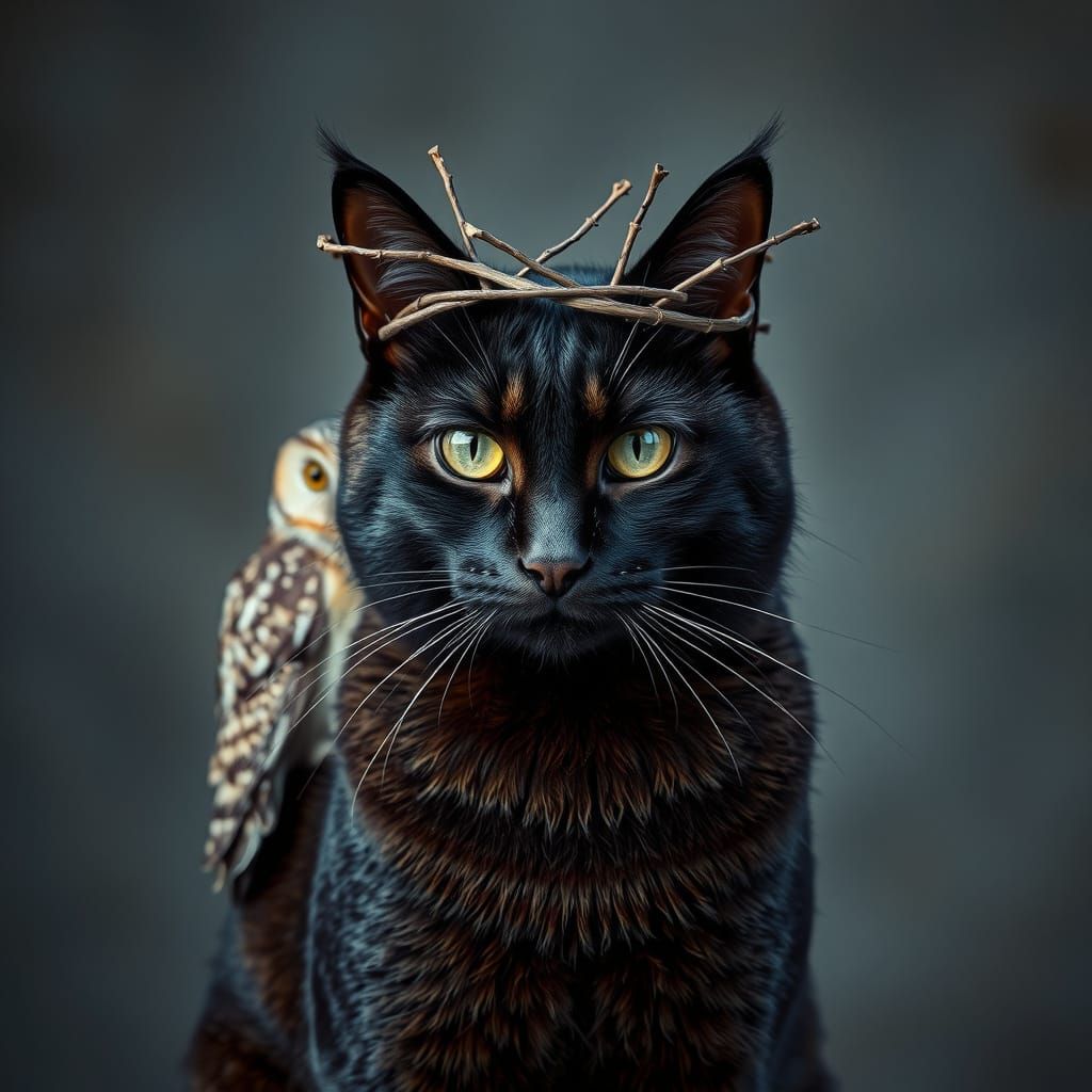 Regal Feline Monarch with Owl Attendant in Earthy, Abstract ...