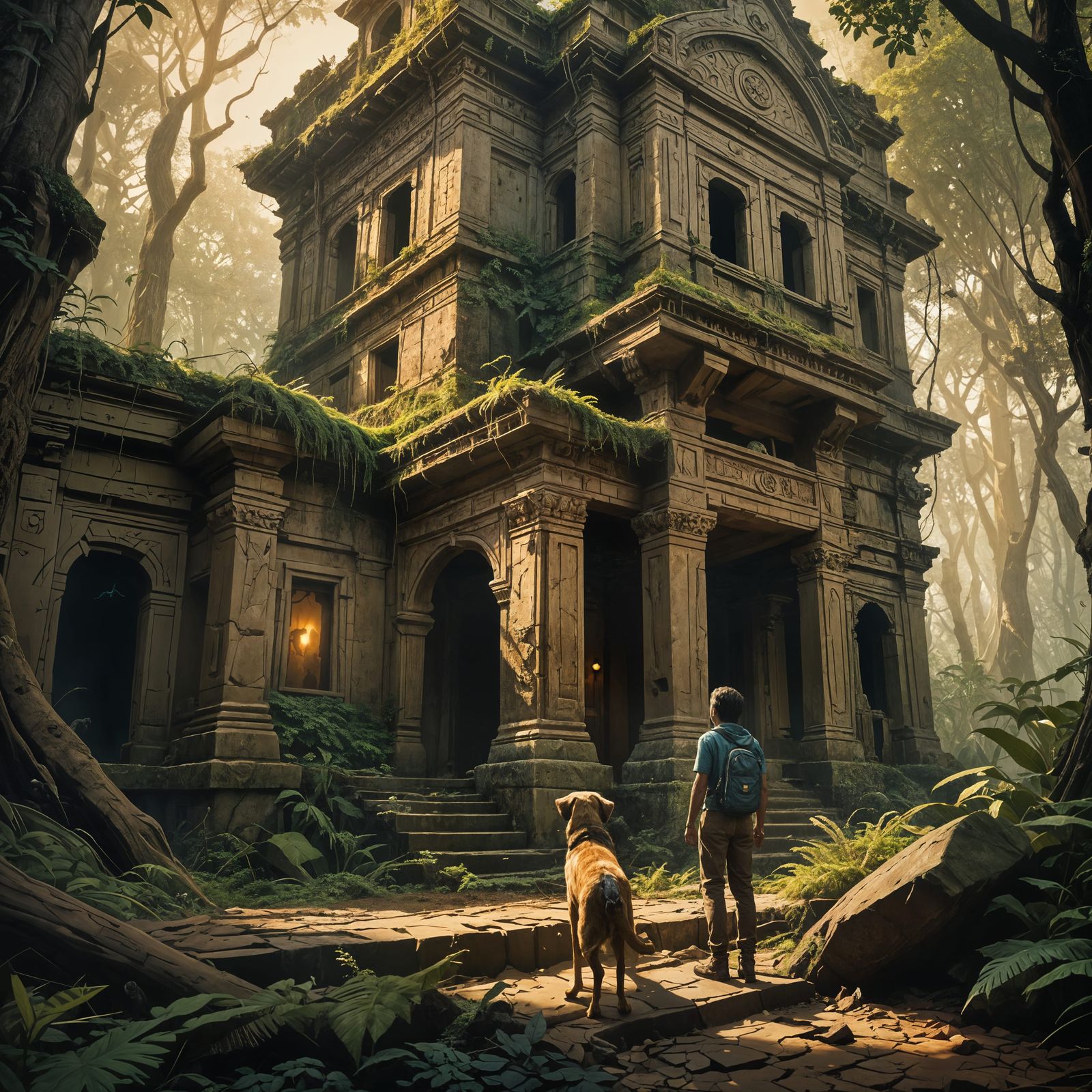 Boy and Dog Explore Ancient Mansion