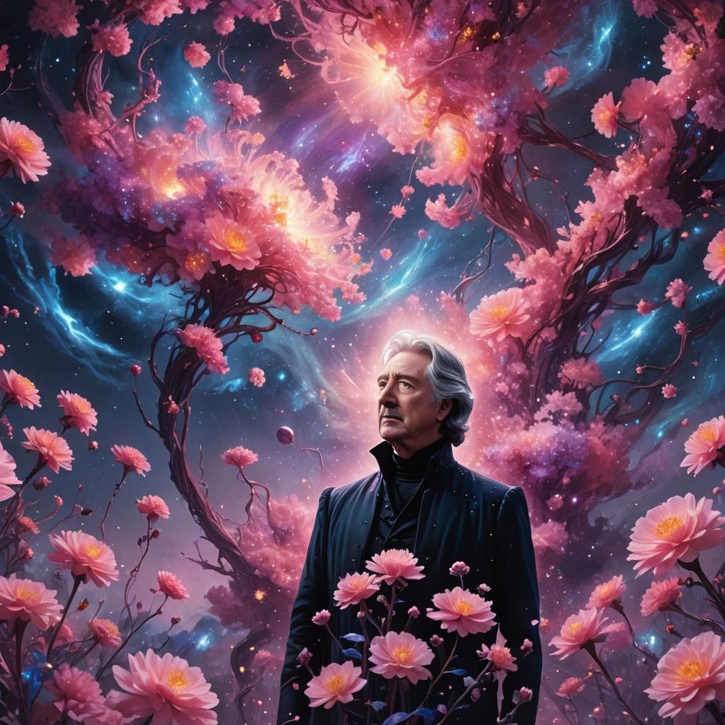 Surreal Galaxy Concept Art with Glowing Flowers
