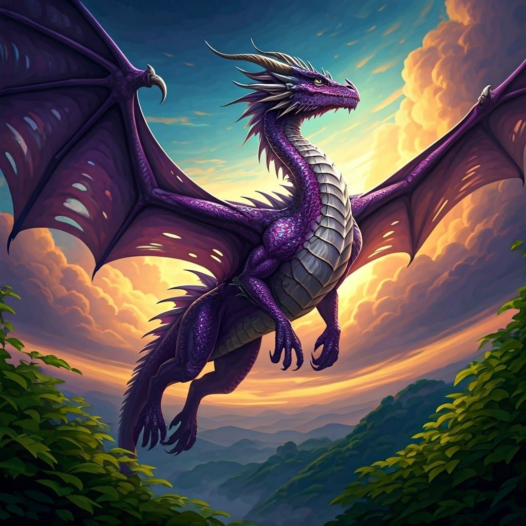Purple Dragon Soaring Through Mystical Realm