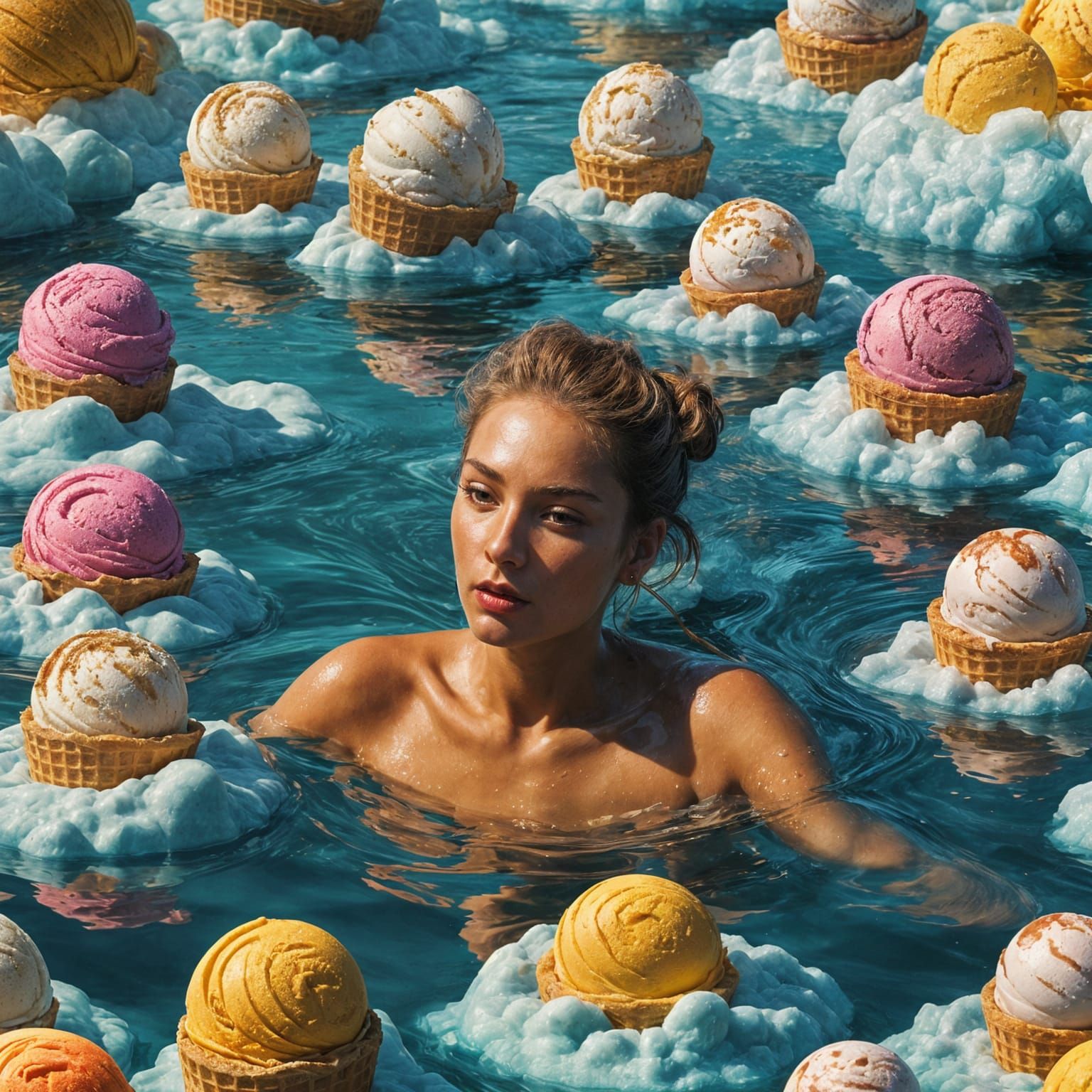Hyperrealistic Beauty Dives into a Rainbow-Colored Ice Cream...
