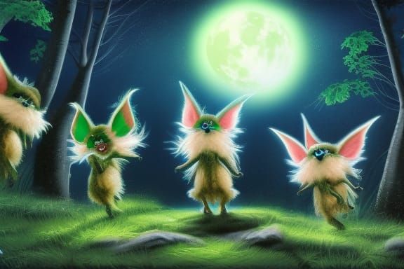 Cute Fluffy Gremlins Dancing in Forest at Night