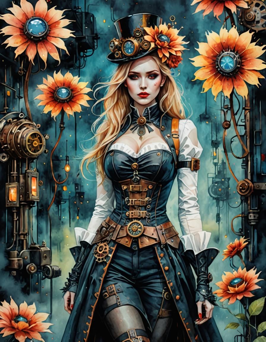 Beautiful Blonde in Rain: Surreal Neon Steampunk Watercolor