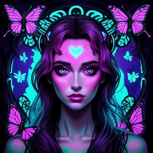 Girl with Butterflies in Neon Retro Forest