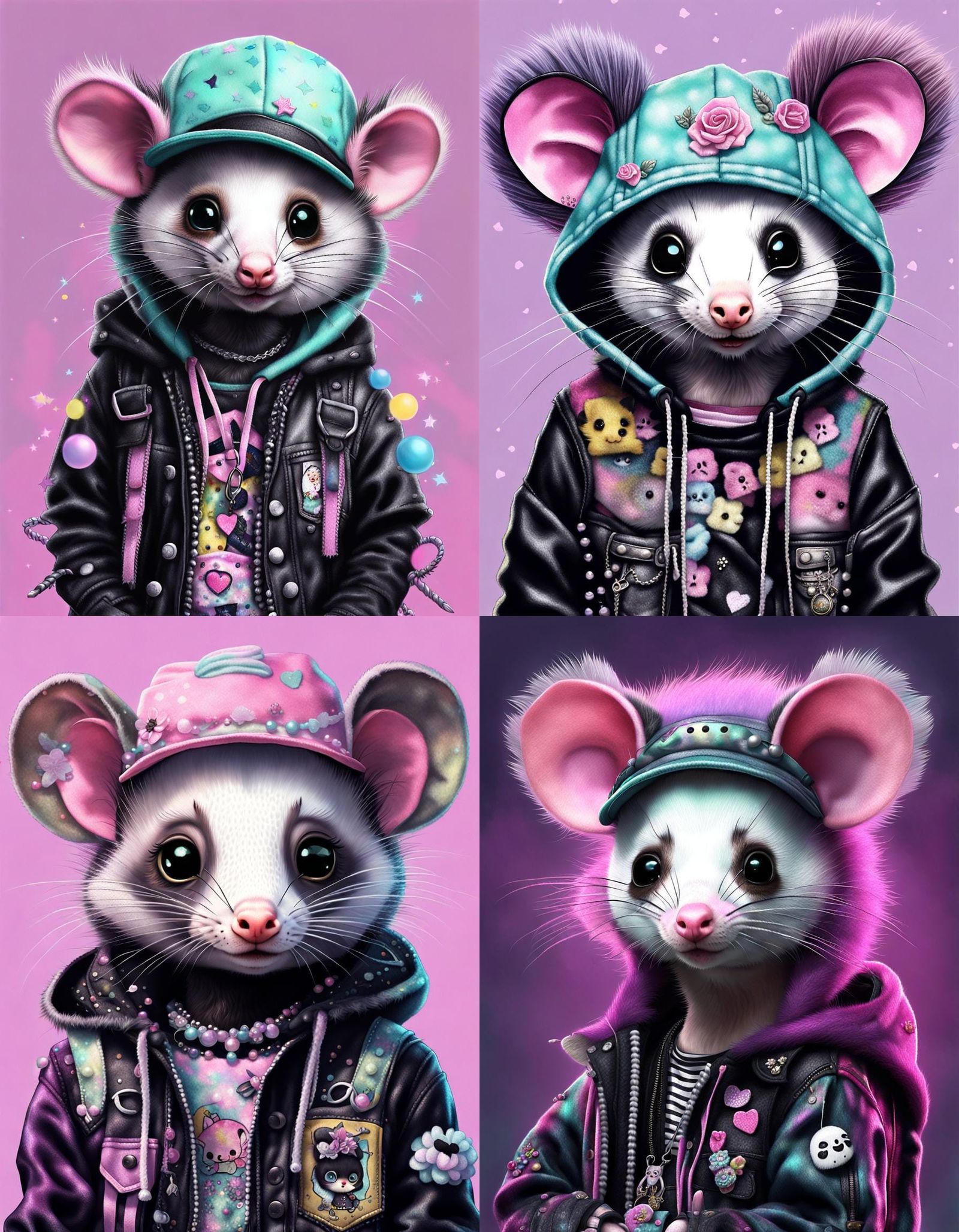 Pastel Goth Opossum Portrait, Mixed Media Collage