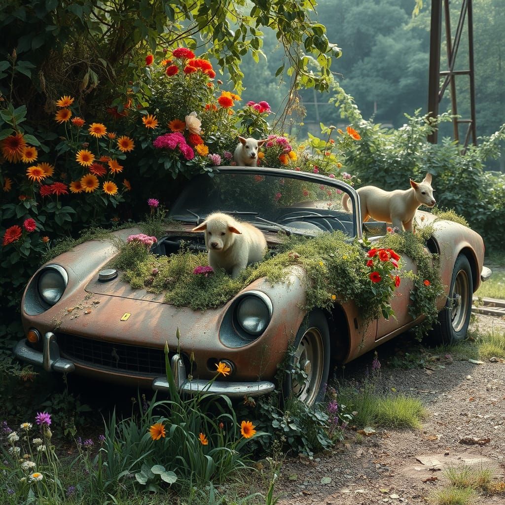 Surreal Ferrari Blooms in a Whimsical Nature Sanctuary