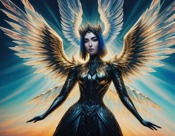 Creepy Angel with Crystal Wings in Surreal Golden Hour