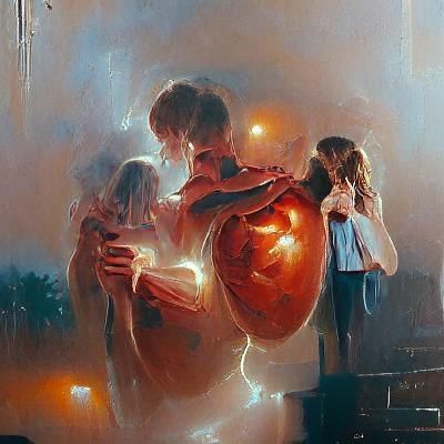 Touching Reunion with Glowing Heart, Oil Painting