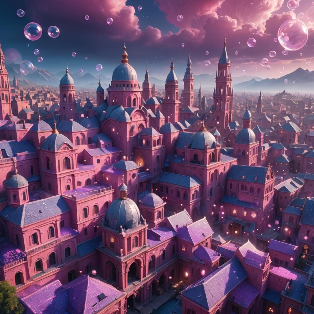 Dreamlike Pink Cityscape with Floating Bubbles