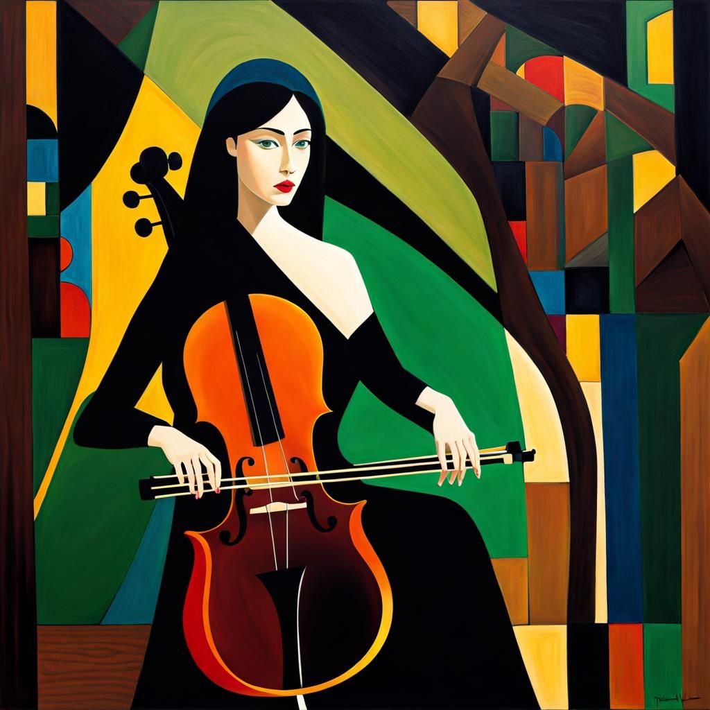 Cubist Cellist in Art Deco Style on Stage