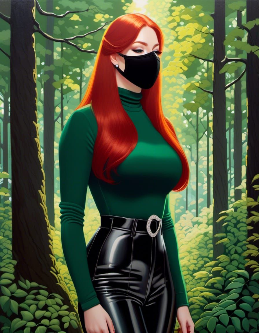 Irish Woman with Facemask in Forest, Charcoal Drawing