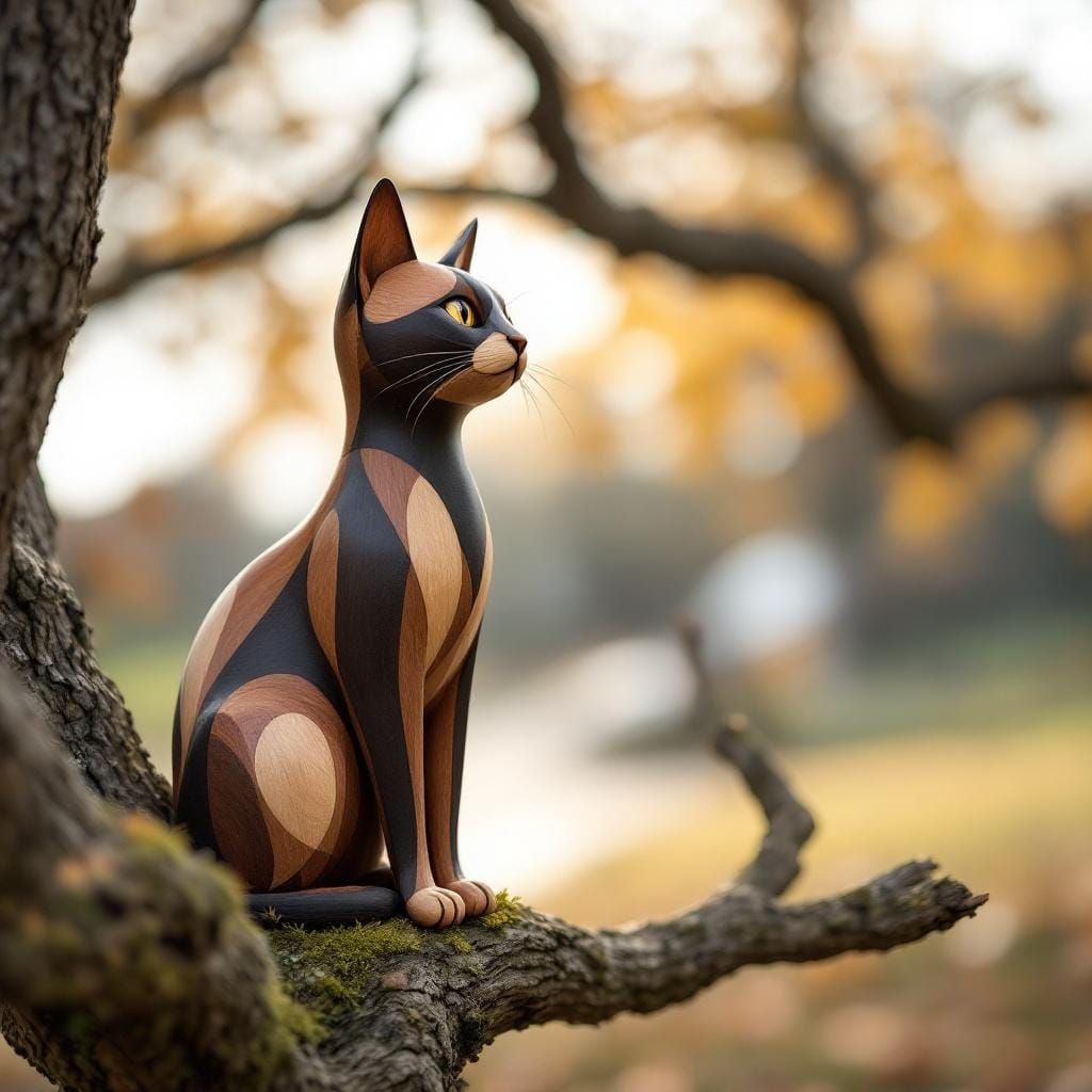 Wooden Cat Sculpture on Oak Branch