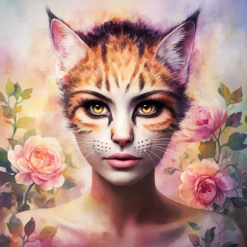 Woman with cat makeup art vibrant colorful whimsy hyper deta...