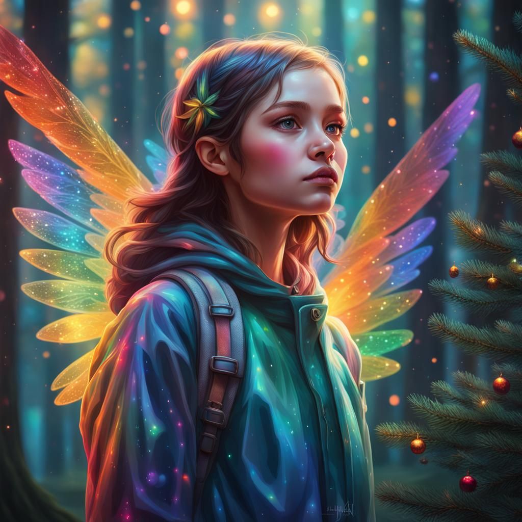 Rainbow-Winged Girl in Christmas Tree Forest