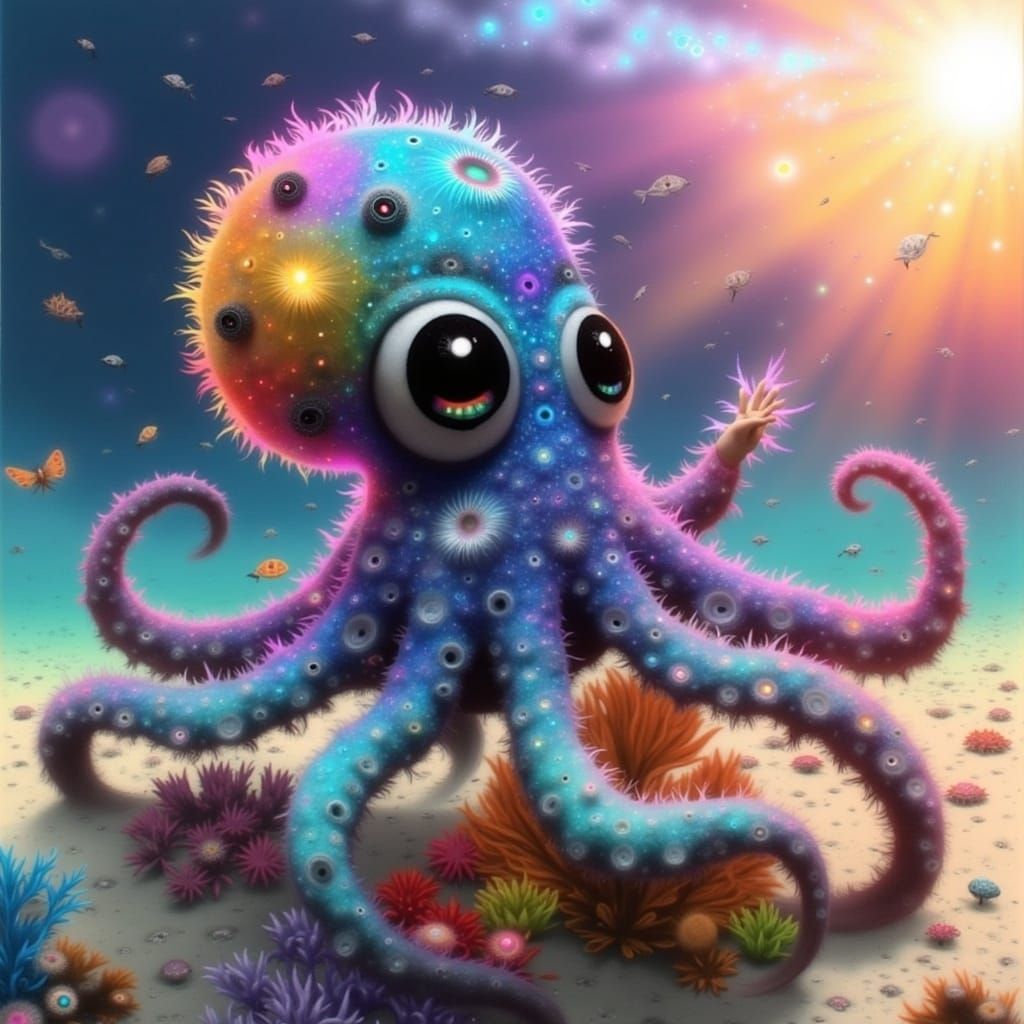 Whimsical Baby Octopus Reaches for Sunlight Among Coral Reef