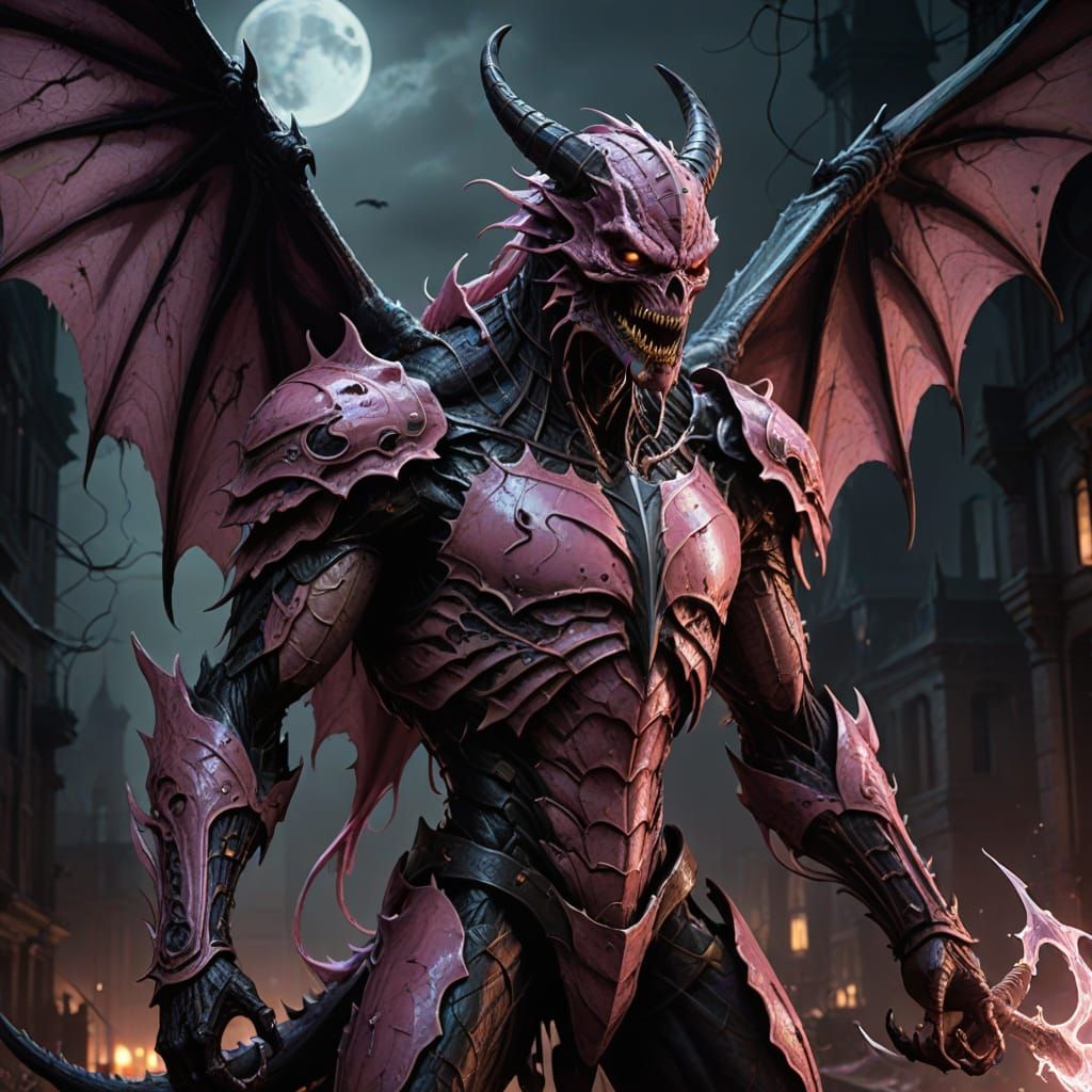 Pink-Scaled Humanoid with Serpent, in Dark Fantasy Style