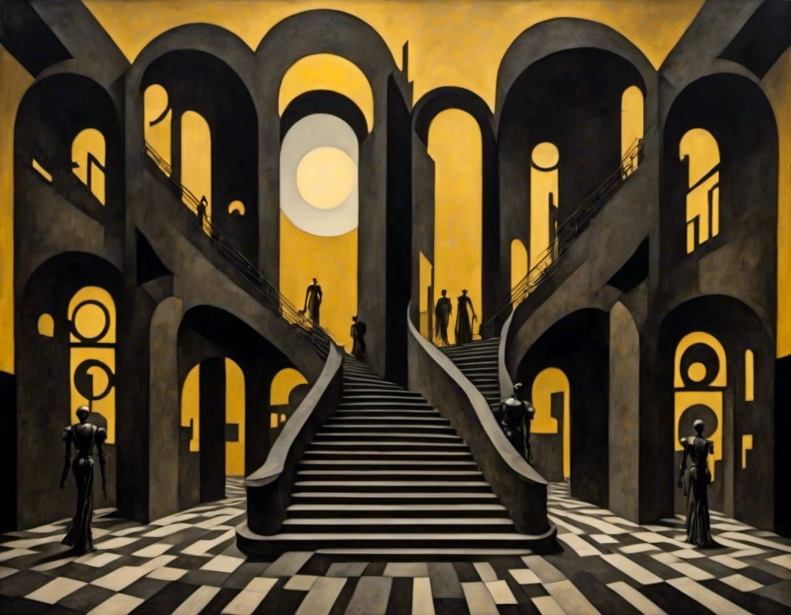 Dystopian Stairway with Androids and Golden Sunset