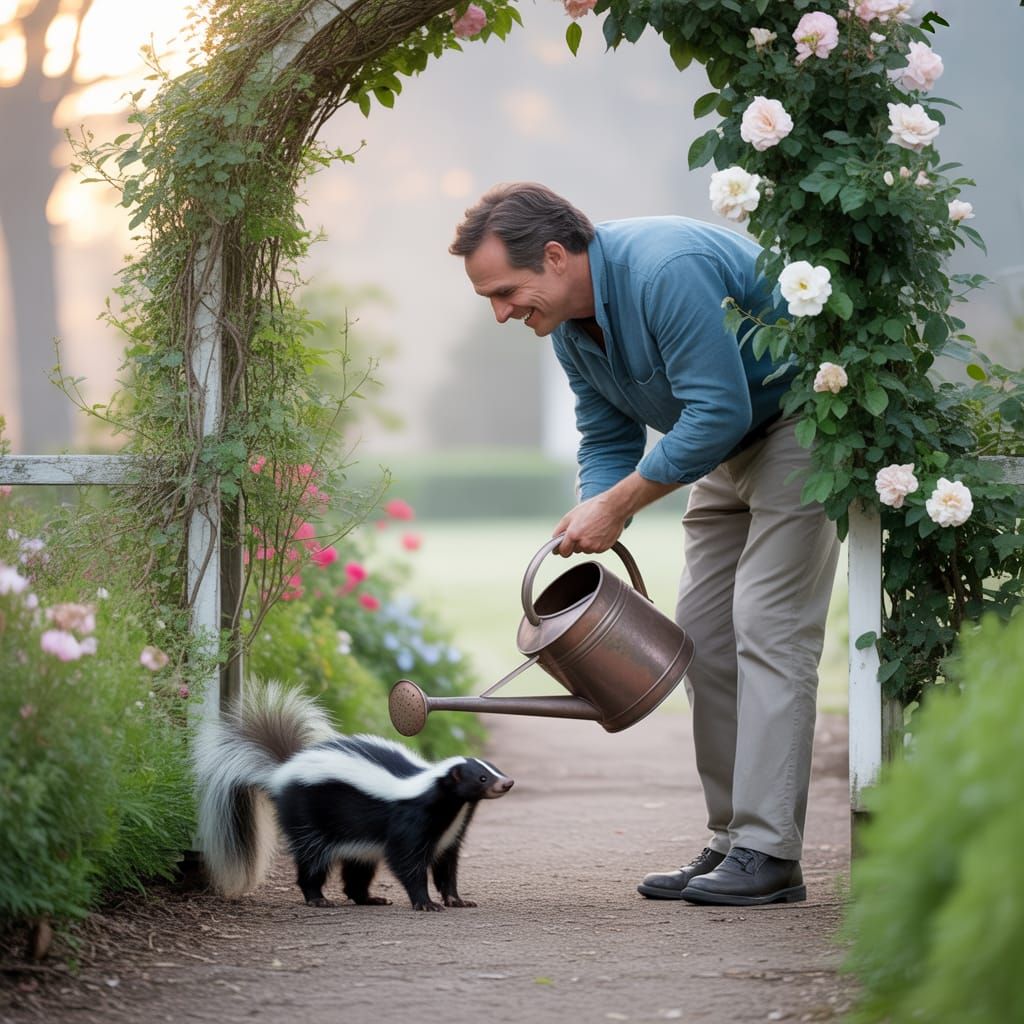 Man and Skunk in Rose Garden