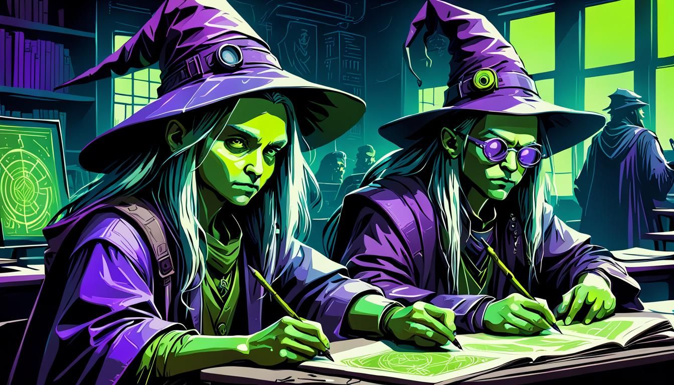 Cyberpunk Child Wizards in Duotone Vector Art