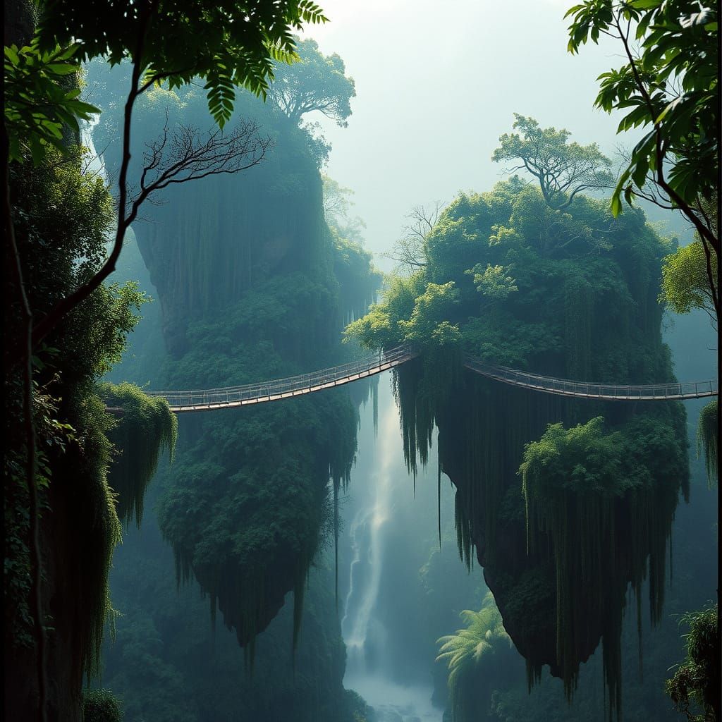 Floating Rainforest Islands Connected by Vine Bridges