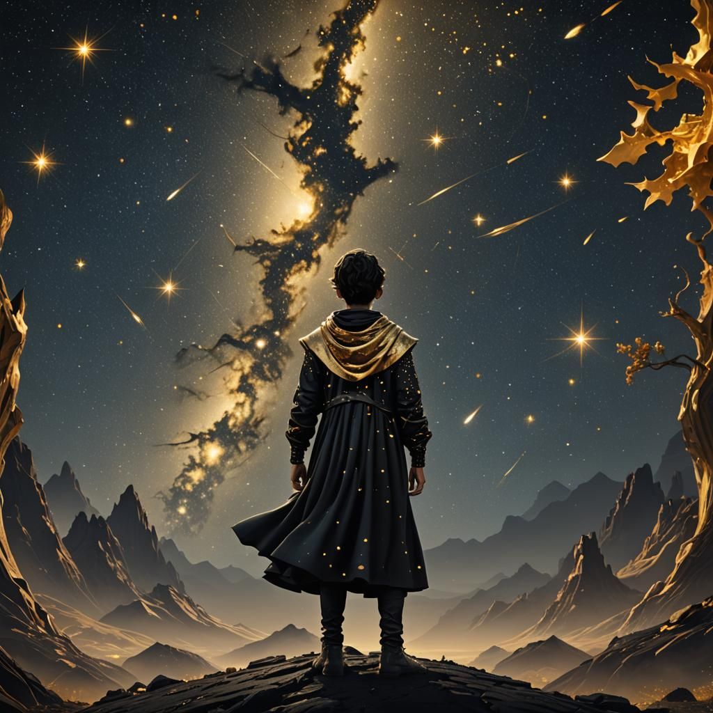 Surreal Boy in Starry Night Landscape