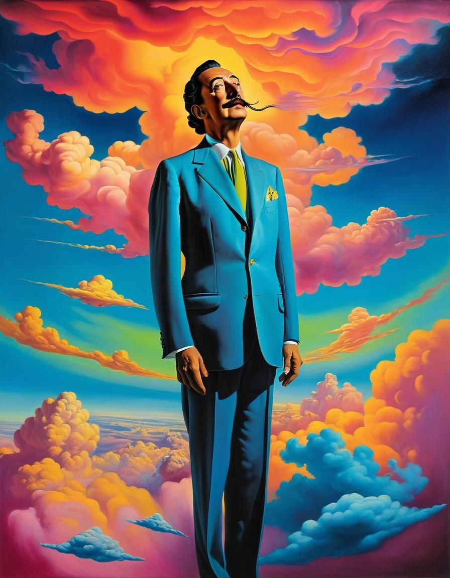 Surreal Self-Portrait Levitating in Neon Clouds