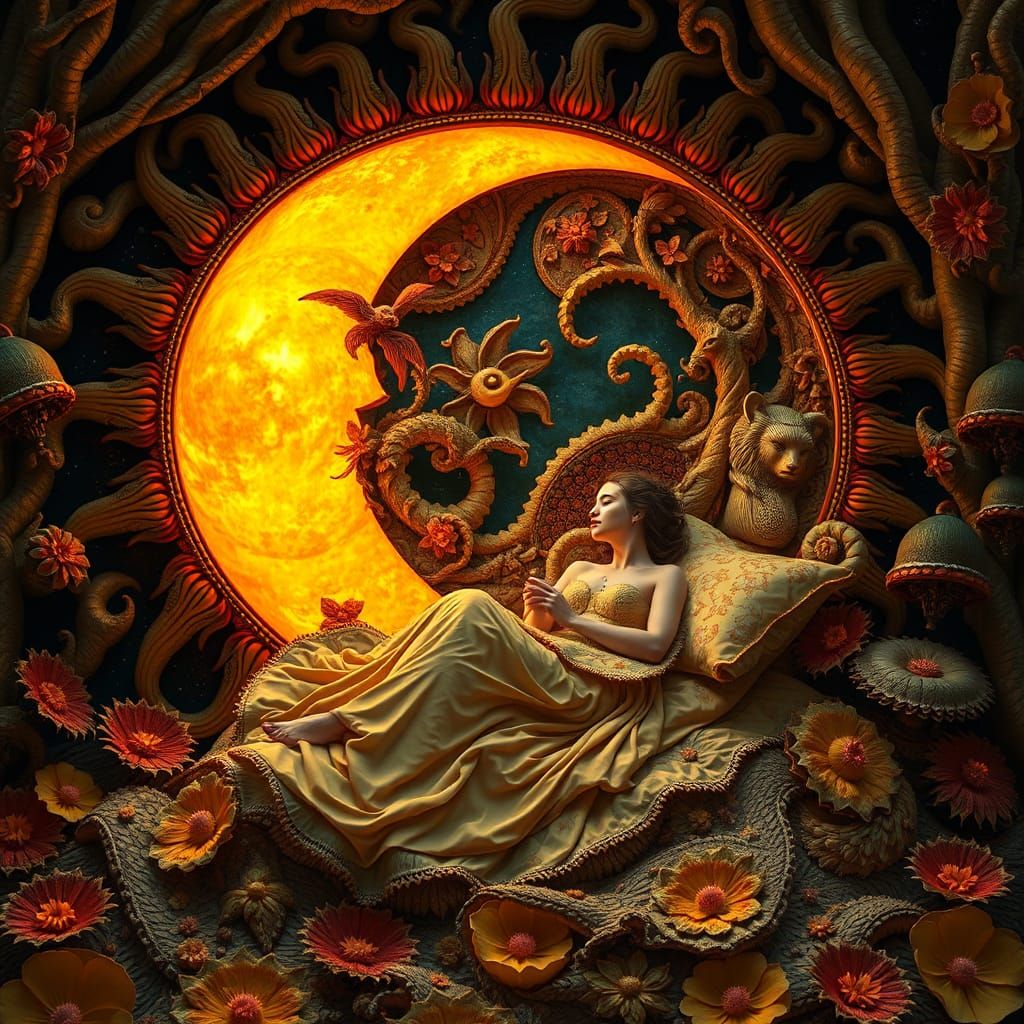 Celestial Woman in Surreal Sun and Moon Bed