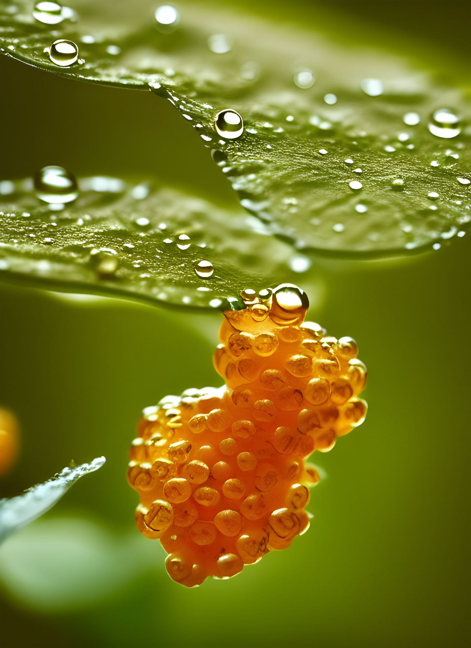 Golden Cloudberries with Water Droplets: Macro Photography