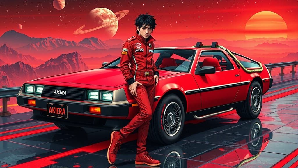 Cyberpunk Icon KANEDA Leans Against Neon DeLorean on Cosmic....