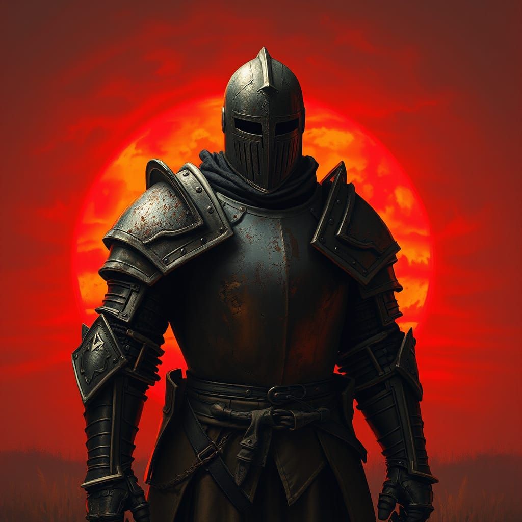 Knight Silhouetted Against Blood-Red Sunset
